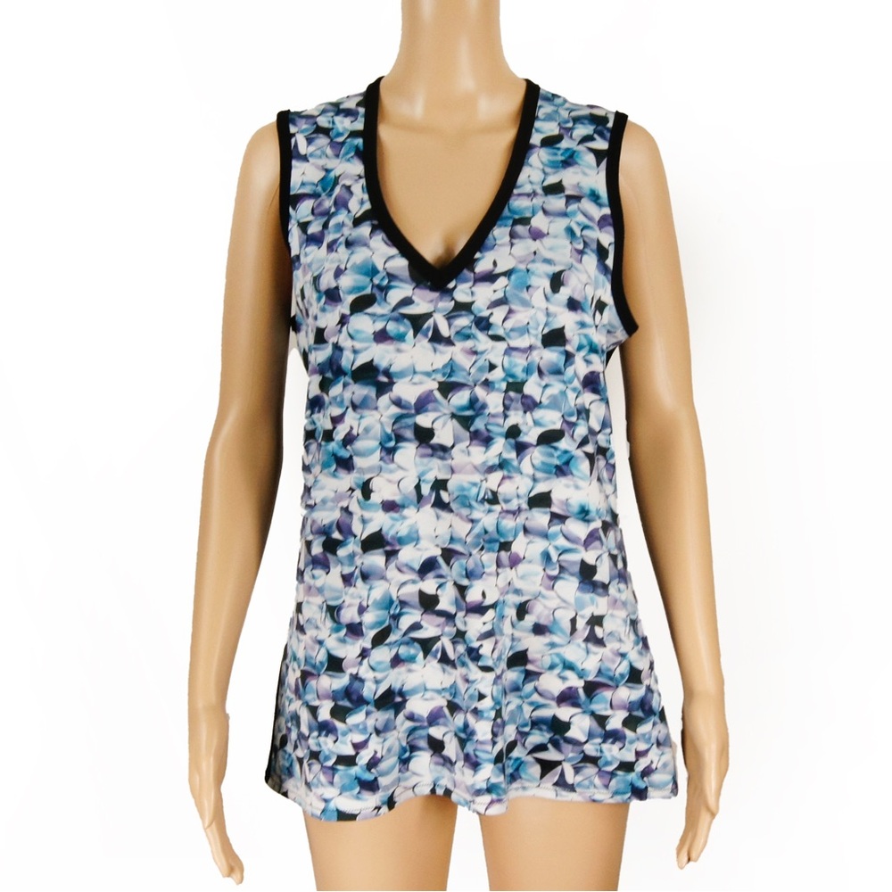 Marie Saint Pierre Blue Abstract Print V Neck Sleeveless Shell Tank Top